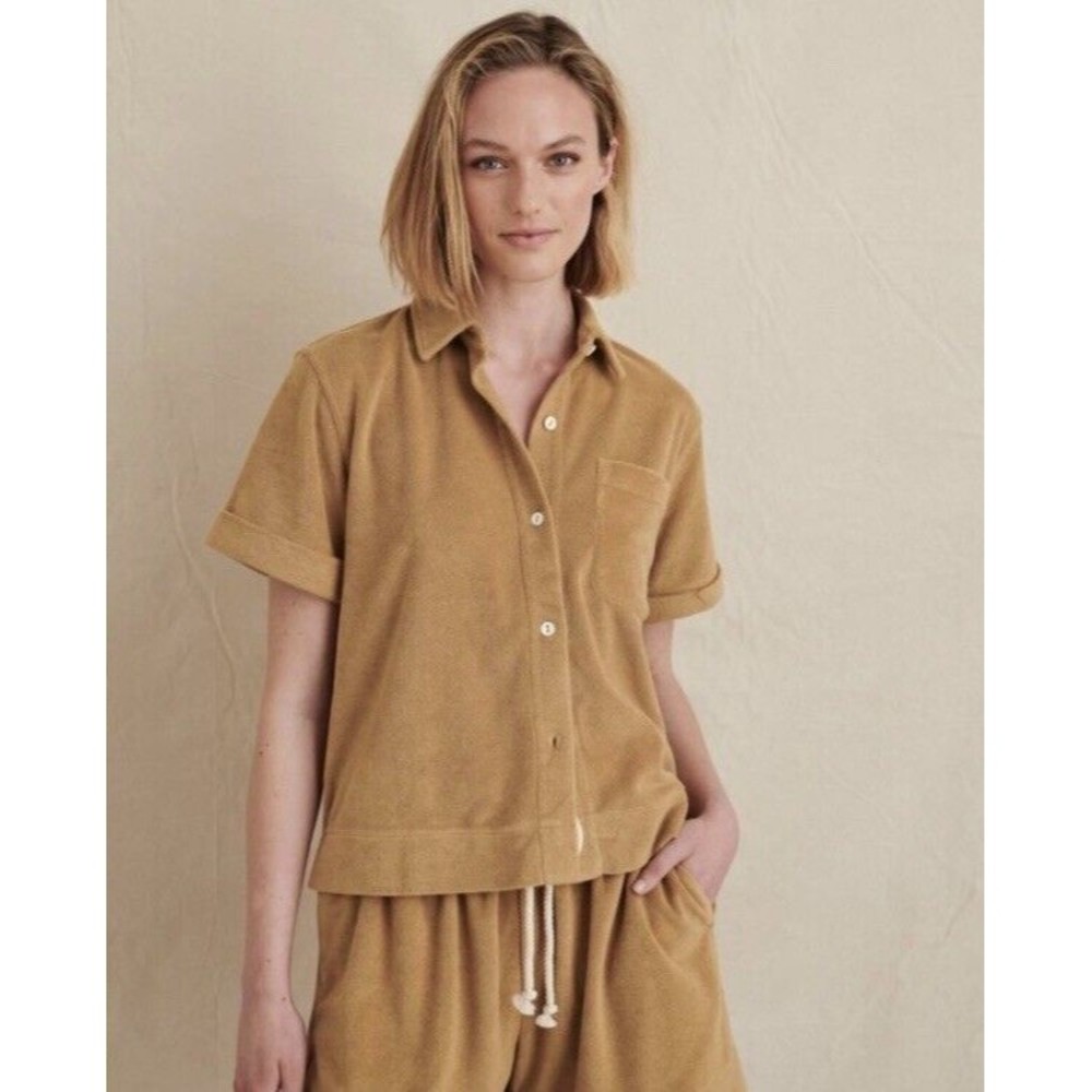 Alex Mill Womens Top Benny Shirt Golden Flax Terry Cloth Button Up Sz L Retro - Picture 1 of 9